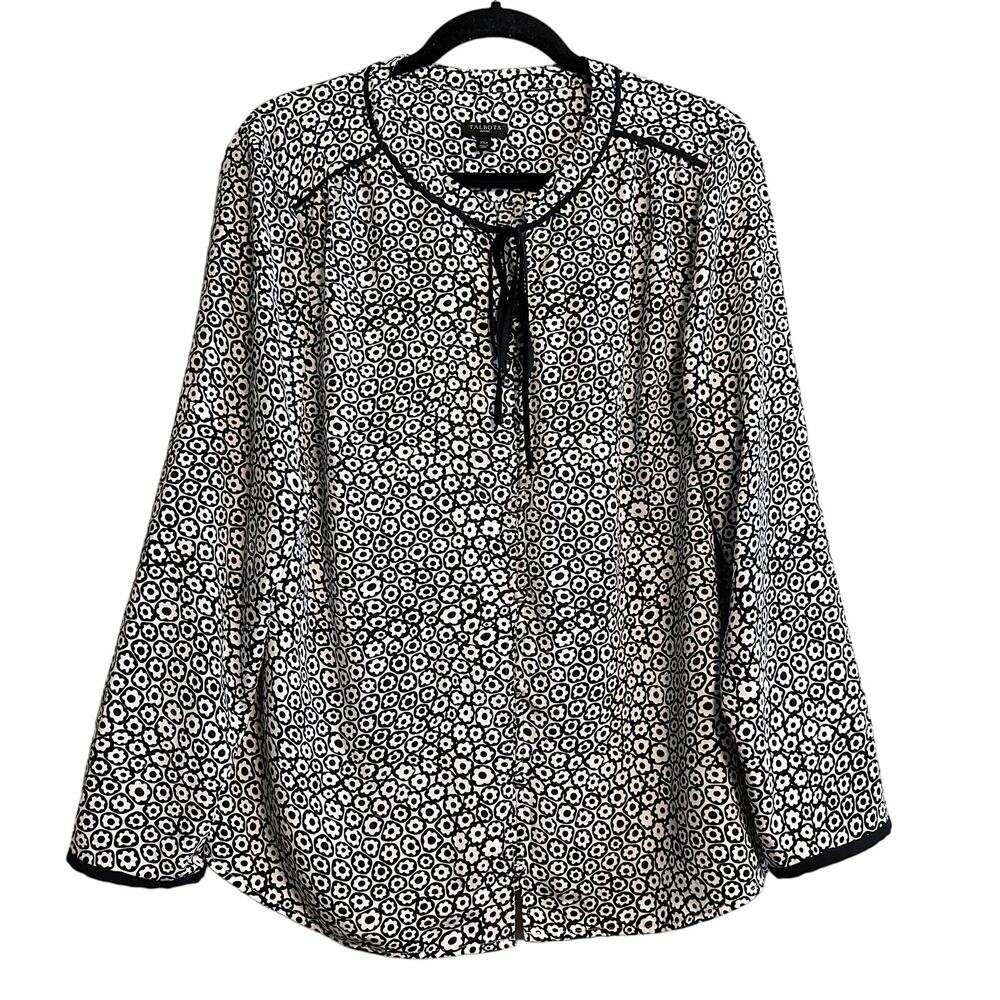 Talbots Bow Tie Popover Floral Abstract Print Black white Blouse Top Size XLP